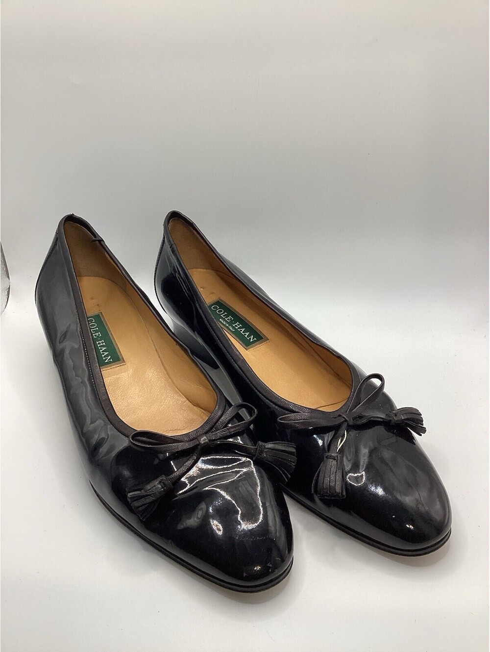Women’s Cole Haan Leather Shoes Tassel Loafer Ballet Round Toe Black Flats 9.5